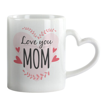 Mother's day I Love you Mom heart, Κούπα καρδιά χερούλι λευκή, κεραμική, 330ml
