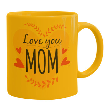 Mother's day I Love you Mom heart, Ceramic coffee mug yellow, 330ml (1pcs)