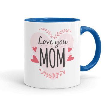 Mother's day I Love you Mom heart, Κούπα χρωματιστή μπλε, κεραμική, 330ml