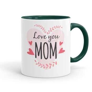 Mother's day I Love you Mom heart, Κούπα χρωματιστή πράσινη, κεραμική, 330ml