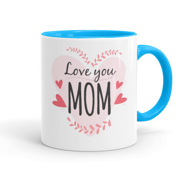 Mother's day I Love you Mom heart, Κούπα χρωματιστή γαλάζια, κεραμική, 330ml