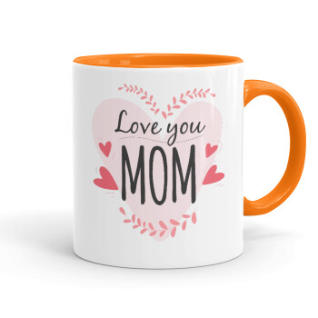 Mother's day I Love you Mom heart, Mug colored orange, ceramic, 330ml