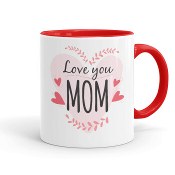 Mother's day I Love you Mom heart, Κούπα χρωματιστή κόκκινη, κεραμική, 330ml