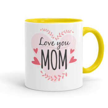 Mother's day I Love you Mom heart, Κούπα χρωματιστή κίτρινη, κεραμική, 330ml