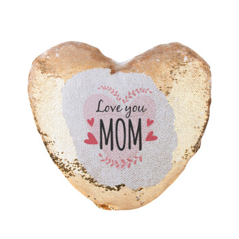 Mother's day I Love you Mom heart, Μαξιλάρι καναπέ καρδιά Μαγικό Χρυσό με πούλιες 40x40cm περιέχεται το  γέμισμα