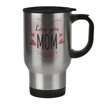 Mother's day I Love you Mom heart, Stainless steel travel mug with lid, double wall 450ml