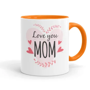 Mother's day I Love you Mom heart, Κούπα χρωματιστή πορτοκαλί, κεραμική, 330ml