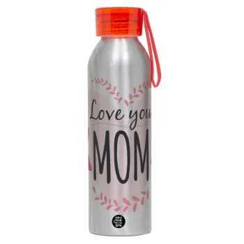 Mother's day I Love you Mom heart, Αλουμινένιο Αθλητικό Μπουκάλι 650ml – Ασημί με Κόκκινο Καπάκι και Λουράκι Σιλικόνης