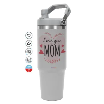 Mother's day I Love you Mom heart, ΓΚΡΙ Travel Tumbler Θερμός με χερούλι και καλαμάκι 890ml