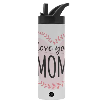 Mother's day I Love you Mom heart, Metallic thermos bottle with straw & handle, stainless steel (Stainless steel 304), double-walled, 600ml.