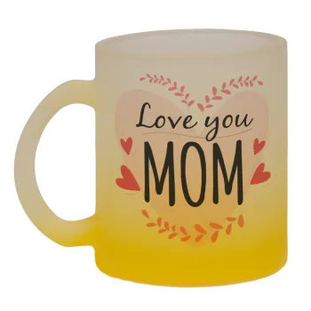 Mother's day I Love you Mom heart, Κούπα γυάλινη δίχρωμη με βάση το κίτρινο ματ, 330ml