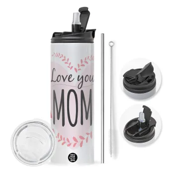 Mother's day I Love you Mom heart, Travel Tumbler 2 Lids, with metal straw & cleaning brush (Stainless steel 304 Food grade, BPA free, 600ml)