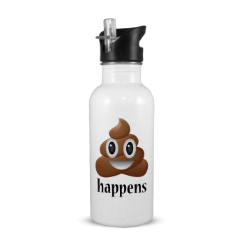 Shit Happens, White water bottle with straw, stainless steel 600ml