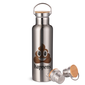 Shit Happens, Stainless steel Silver with wooden lid (bamboo), double wall, 750ml
