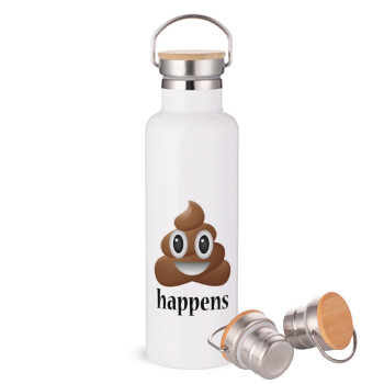 Shit Happens, Stainless steel White with wooden lid (bamboo), double wall, 750ml