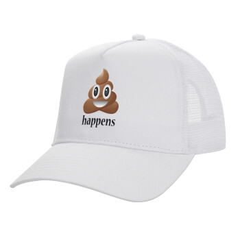 Shit Happens, Structured Trucker Adult Hat, with Mesh, WHITE (100% COTTON, ADULT, UNISEX, ONE SIZE)