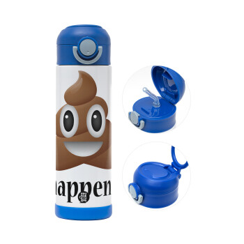 Shit Happens, Children's hot water bottle, stainless steel, with safety straw, BLUE (500ml)