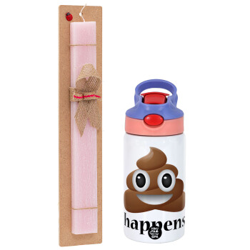Shit Happens, Easter Set, Children's thermal stainless steel water bottle with safety straw, pink/purple (350ml) & Easter scented flat candle (30cm) (PINK)