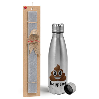 Shit Happens, Easter Set, metallic Inox water bottle (750ml) & aromatic flat Easter candle (30cm) (GRAY)