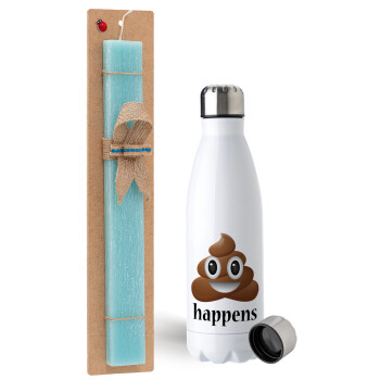 Shit Happens, Easter Set, metallic stainless steel water bottle (750ml) & aromatic flat Easter candle (30cm) (TURQUOISE)
