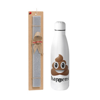 Shit Happens, Easter Set, metallic stainless thermos bottle (500ml) & scented flat Easter candle (30cm) (GRAY)