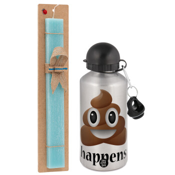 Shit Happens, Easter Set, metallic silver aluminum water bottle (500ml) & scented flat Easter candle (30cm) (TURQUOISE)
