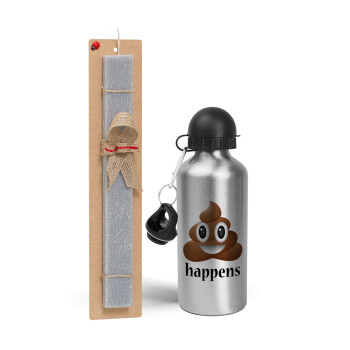Shit Happens, Easter Set, metallic silver aluminum water bottle (500ml) & aromatic flat Easter candle (30cm) (GRAY)