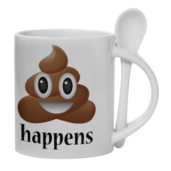 Shit Happens, Ceramic coffee mug with Spoon, 330ml (1pcs)