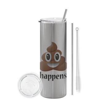 Shit Happens, Tumbler stainless steel Silver 600ml, with metal straw & cleaning brush
