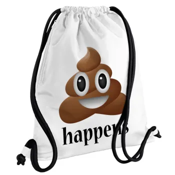 Shit Happens, Τσάντα πλάτης πουγκί GYMBAG λευκή, με τσέπη (40x48cm) & χονδρά κορδόνια