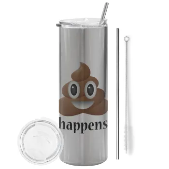 Shit Happens, Tumbler ποτήρι θερμό Ασημένιο από ανοξείδωτο ατσάλι 600ml, με μεταλλικό καλαμάκι & βούρτσα καθαρισμού