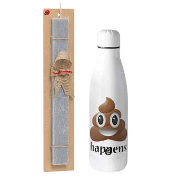 Shit Happens, Easter Set, metallic stainless thermos bottle (500ml) & scented flat Easter candle (30cm) (GRAY)