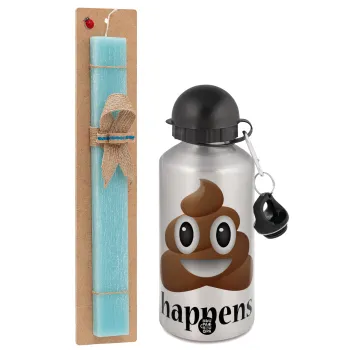 Shit Happens, Easter Set, metallic silver aluminum water bottle (500ml) & scented flat Easter candle (30cm) (TURQUOISE)