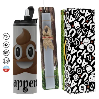 Shit Happens, Πασχαλινή Λαμπάδα με Travel Tumbler θερμό (600ml, BPA free) & κερί αρωματικό πλακέ (30cm) (ΓΚΡΙ)