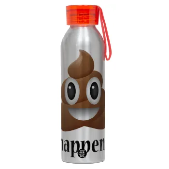 Shit Happens, Αλουμινένιο Αθλητικό Μπουκάλι 650ml – Ασημί με Κόκκινο Καπάκι και Λουράκι Σιλικόνης