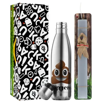 Shit Happens, Easter Set, metallic stainless thermos flask (500ml) & scented flat Easter candle (30cm) (GRAY)