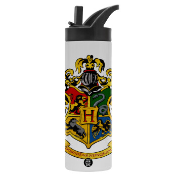 Hogwart's, Μεταλλικό παγούρι θερμός με καλαμάκι & χειρολαβή, ανοξείδωτο ατσάλι (Stainless steel 304), διπλού τοιχώματος, 600ml