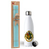 Easter Set, metallic stainless steel water bottle (750ml) & aromatic flat Easter candle (30cm) (TURQUOISE)