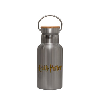 Harry potter movie, Μεταλλικό παγούρι θερμός (Stainless steel) Ασημένιο με ξύλινο καπακι (bamboo), διπλού τοιχώματος, 350ml