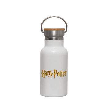 Harry potter movie, Μεταλλικό παγούρι θερμός (Stainless steel) Λευκό με ξύλινο καπακι (bamboo), διπλού τοιχώματος, 350ml