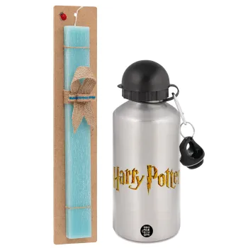 Harry potter movie, Easter Set, metallic silver aluminum water bottle (500ml) & scented flat Easter candle (30cm) (TURQUOISE)