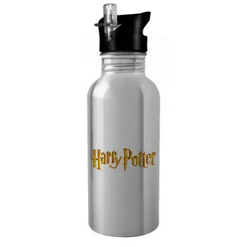 Harry potter movie, Water bottle Silver with straw, stainless steel 600ml
