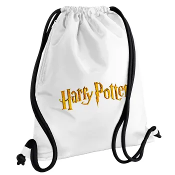 Harry potter movie, Backpack pouch GYMBAG white, with pocket (40x48cm) & thick cords