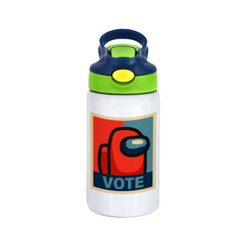 Among US VOTE, Children's hot water bottle, stainless steel, with safety straw, green, blue (350ml)
