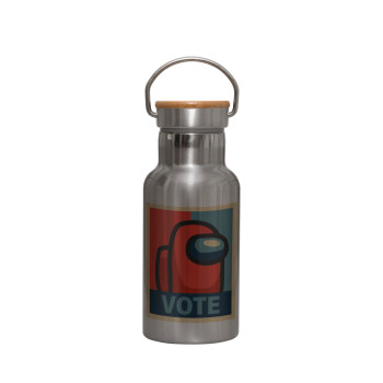 Among US VOTE, Stainless steel metallic thermos flask, silver with a bamboo lid, double-walled, 350ml.