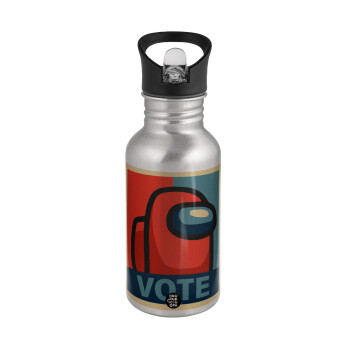 Among US VOTE, Παγούρι νερού Ασημένιο με καλαμάκι, ανοξείδωτο ατσάλι 500ml