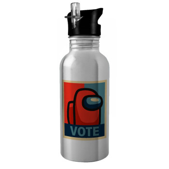 Among US VOTE, Παγούρι νερού Ασημένιο με καλαμάκι, ανοξείδωτο ατσάλι 600ml
