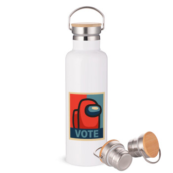 Among US VOTE, Stainless steel White with wooden lid (bamboo), double wall, 750ml
