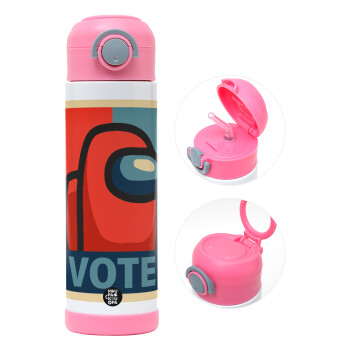 Among US VOTE, Children's hot water bottle, stainless steel, with safety straw, PINK (500ml)