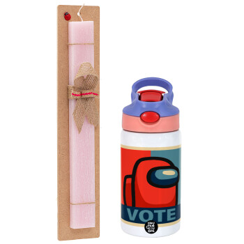 Among US VOTE, Πασχαλινό Σετ, Παιδικό παγούρι θερμό, ανοξείδωτο, με καλαμάκι ασφαλείας, ροζ/μωβ (350ml) & πασχαλινή λαμπάδα αρωματική πλακέ (30cm) (ΡΟΖ)